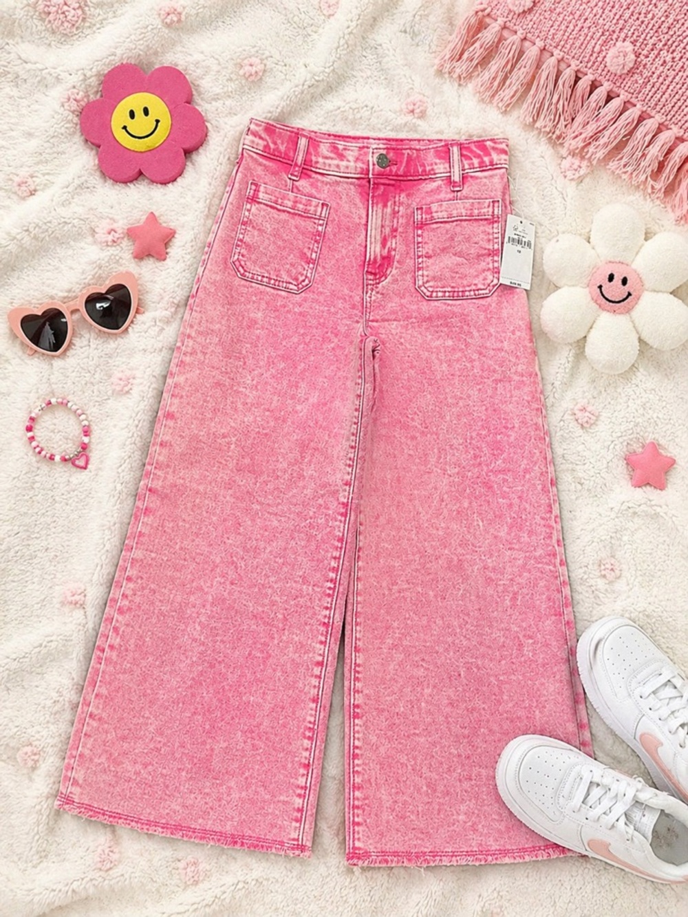 GAP Kids Pink Acid Wash High Rise Wide Leg Jeans Size 12 High Stride Ankle NWT